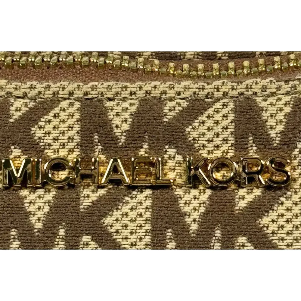 Michael Kors MK Logo Jacquard Shoulder Bag Brown Beige Gold Tone Hardware